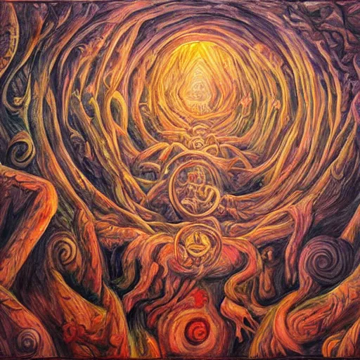 Image similar to the labyrinth from Greek mythology, acrylic painting, mystical, fantastical