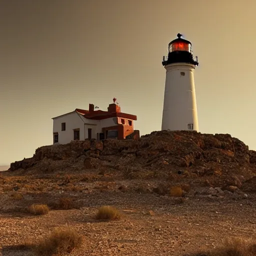 Prompt: a lighthouse in the middle of the desert, post apocalyptic