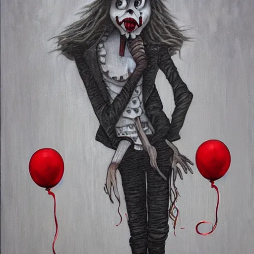 Image similar to grunge painting of creepy pasta with a wide smile and a red balloon by chris leib, loony toons style, pennywise style, corpse bride style, horror theme, detailed, elegant, intricate