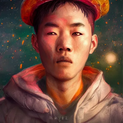 Prompt: colorful character portrait of a chinese prisoner at night lit by the stars, wispy smoke, highly detailed face, very intricate, symmetrical, cinematic lighting, award - winning, painted by mandy jurgens, peter doig, dystopian, bold colors, dark vibes, anime aesthetic, featured on artstation