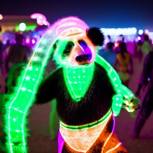 Image similar to a panda wearing led - lined clothing dancing at night on a busy playa at burning man