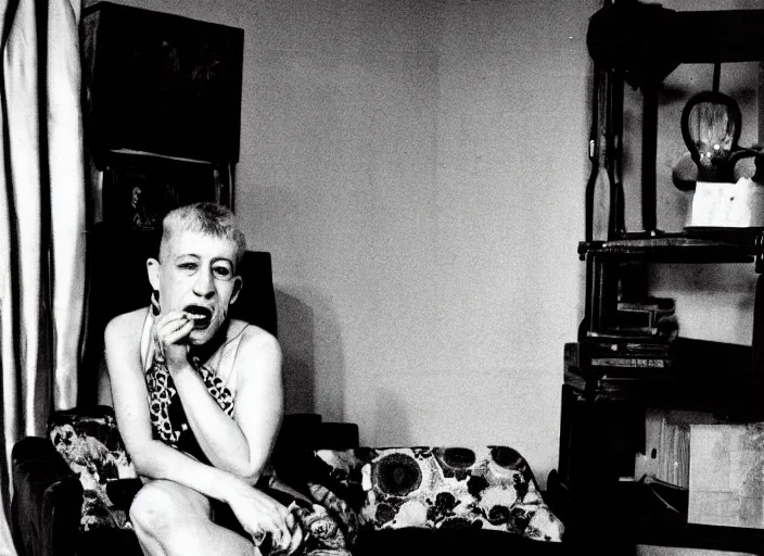 Prompt: kathy acker sitting on a sofa and screaming