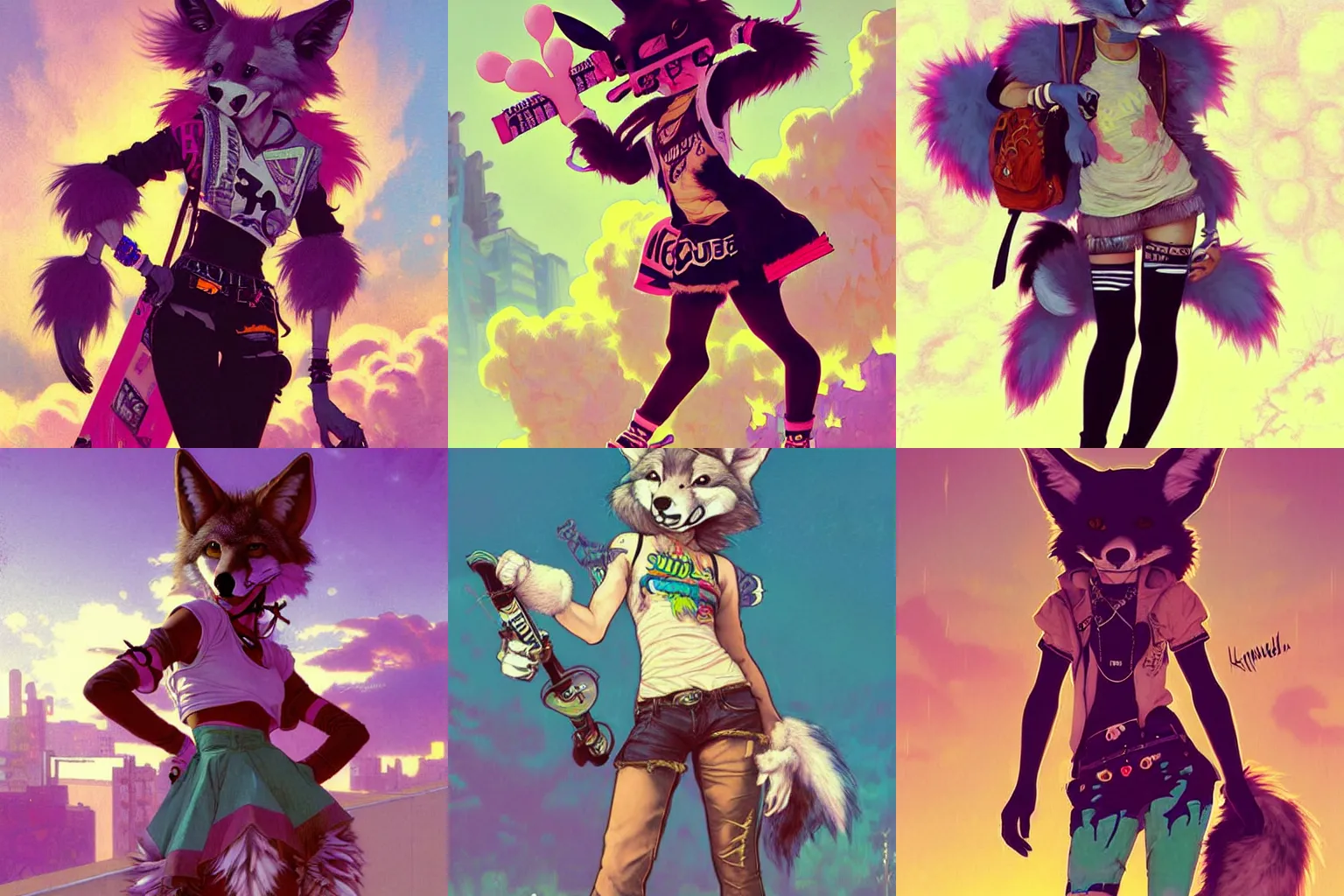 Prompt: furry anthro coyote girl wearing skater punk clothes. Vaporwave. Renowned character illustration by greg rutkowski, thomas kindkade, alphonse mucha, loish, norman rockwell. Trending on furaffinity. Digital Art.