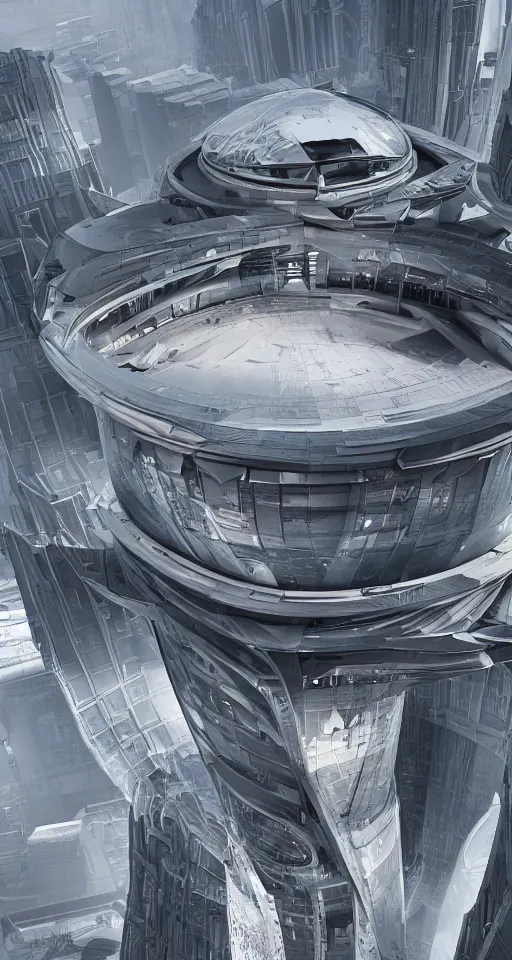 Prompt: huge futuristic building, in style of dieselpunk, detailed, sharp, 8 k