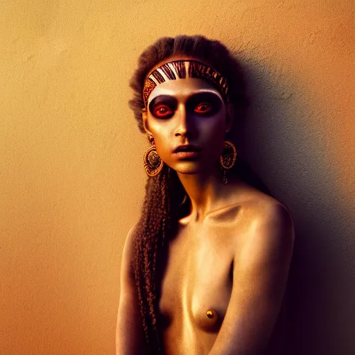 Image similar to photographic portrait of a stunningly beautiful renaissance female with tribal makeup in soft dreamy light at sunset, contemporary fashion shoot, by edward robert hughes, annie leibovitz and steve mccurry, david lazar, jimmy nelsson, breathtaking, 8 k resolution, extremely detailed, beautiful, establishing shot, artistic, hyperrealistic, beautiful face, octane render