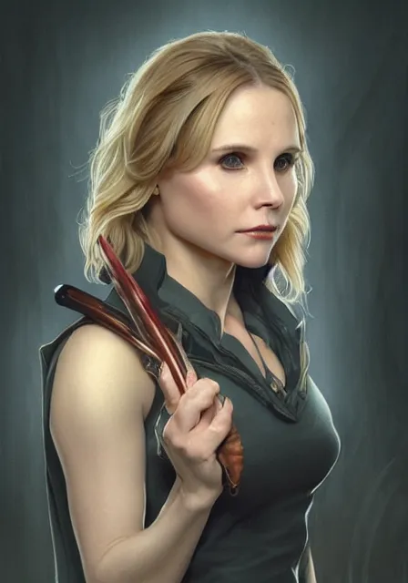 Image similar to kristen bell as buffy the vampire slayer, intricate, elegant, highly detailed, digital painting, artstation, concept art, smooth, sharp focus, illustration, art by artgerm and greg rutkowski and alphonse mucha and william - adolphe bouguereau