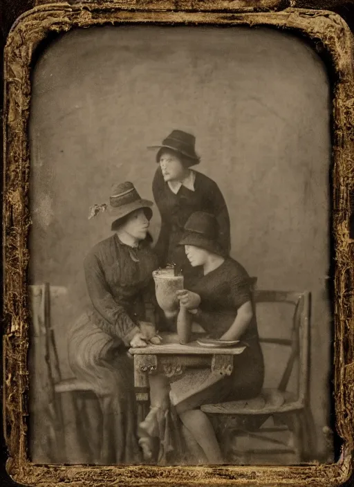 Image similar to old wetplate daguerreotype potato eaters by van gogh, fractal, intricate, elegant, highly detailed, parallax, leica, medium format, subsurface scattering, by jheronimus bosch and greg rutkowski and louis jacques mande daguerre