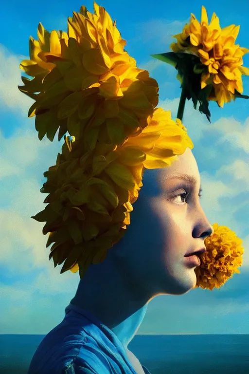 Image similar to closeup girl with huge yellow dahlia flower face, on the beach, surreal photography, blue sky, sunrise, dramatic light, impressionist painting, digital painting, artstation, simon stalenhag