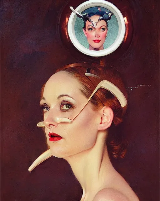 Image similar to head portrait of elegant space woman wearing monocle by norman rockwell, roberto ferri, daniel gerhartz, edd cartier, jack kirby, howard v brown, ruan jia, tom lovell, frank r paul, dean cornwell, astounding stories, amazing, fantasy, other worlds