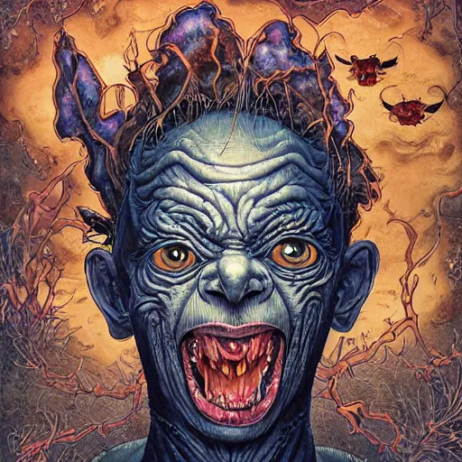 Image similar to portrait of crazy gollum, symmetrical, by yoichi hatakenaka, masamune shirow, josan gonzales and dan mumford, ayami kojima, takato yamamoto, barclay shaw, karol bak, yukito kishiro