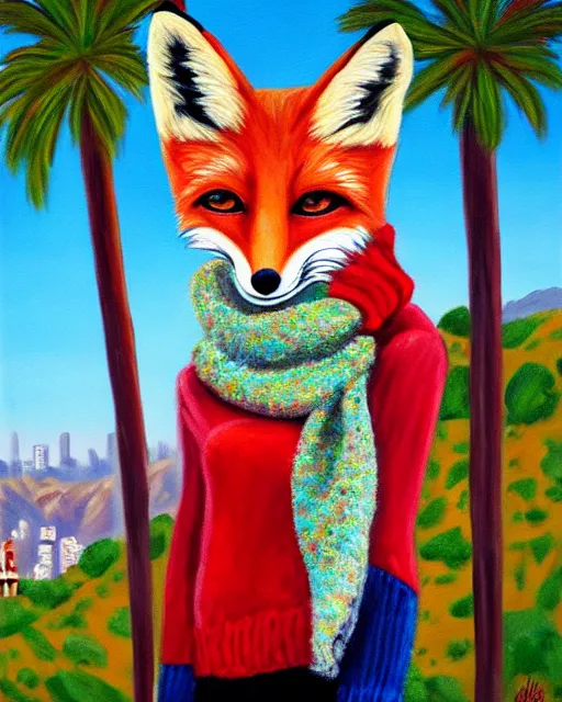 Image similar to oil painting portrait of anthropomorphic female fox animal dressed in sweater and scarf, fox animal, hollywood sign in background, oil painting,