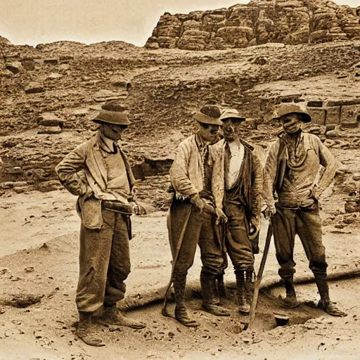 Image similar to ultra detailed photorealistic sepia - toned line drawing from 1 9 1 7, a small group of british soldiers standing at an archaeological dig site in wadi rum, ultra realistic, painted, intricate details, lovecraft, atmospheric, dark, horror, brooding, highly detailed, by clyde caldwell