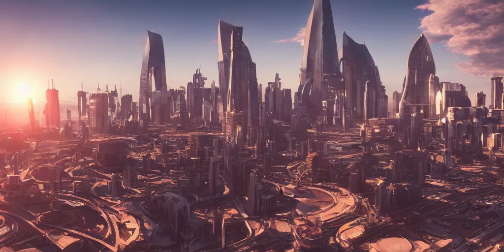 Prompt: a 3 d render of a sci - fi city with high rise tech buildings and flying spaceships all over, wide angle lens photography, octane render, unreal engine, incredible landscape, sunset, beautiful.