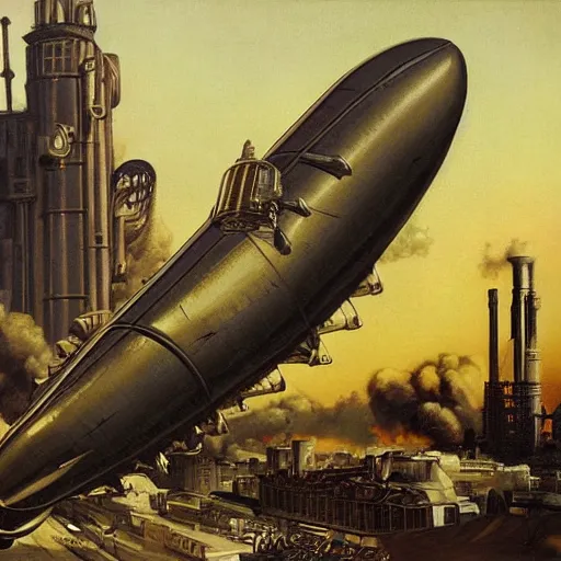 Image similar to A scene from a steampunk world, with a dirigible in the background and a Zeppelin in the foreground, oil painting, matte, black background, by J.C. Leyendecker and H.R. Giger