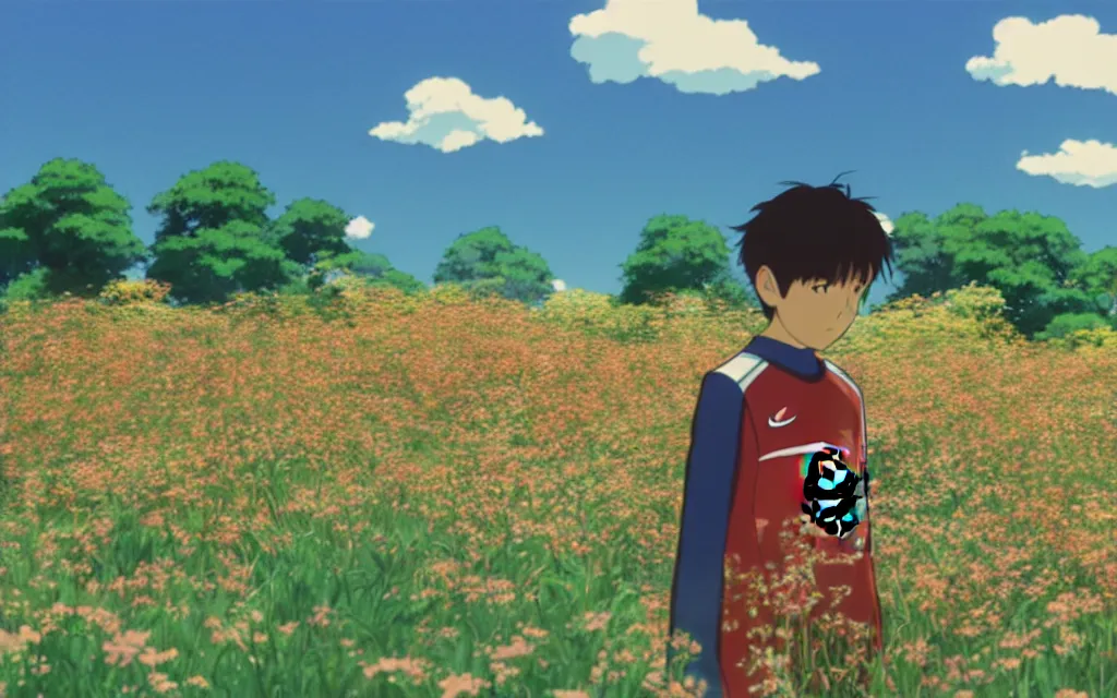 Image similar to a boy wearing a manchester united jersey day dreaming on a field of flower, beautiful bright blue sky. 35mm film. makoto shinkai, studio ghibli.