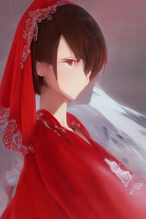 Image similar to by kyoto animation, a short - haired monster girl in a red dress and a white veil, beautiful, detailed portrait, intricate complexity, ilya kuvshinov, cell shaded, 4 k, concept art, by wlop, ilya kuvshinov, greg rutkowski, sharp focus, volumetric lighting, cinematic lighting