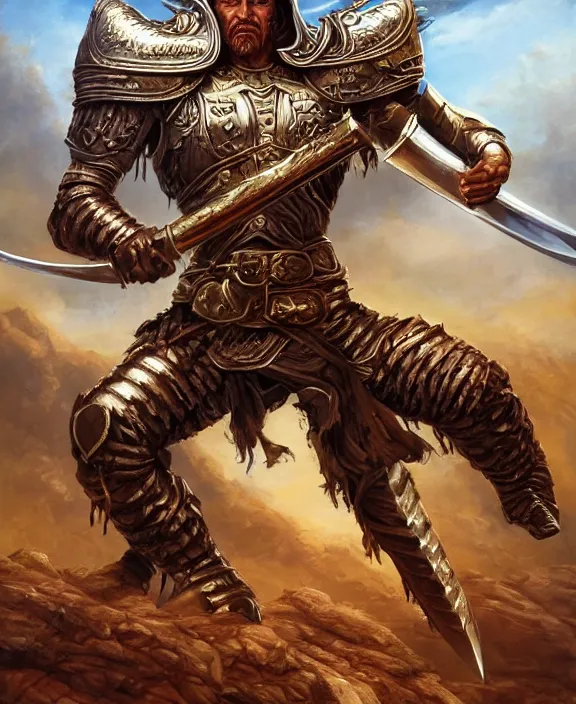 Image similar to strong warrior with legendary sword, fantasy, man, gilded shiny armour, highly detailed, contrast, digital painting, artstation, concept art, wallpaper, smooth, sharp focus, illustration, illumination, raytracting, art by larry elmore, jeff easley, clyde waldwell, keith parkinson, daniel r horne