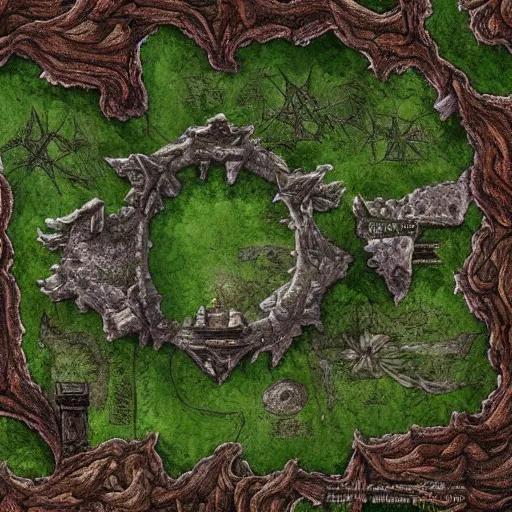 Prompt: , dnd dungeon map of giant ancient castle in an forest with some ivy plants on the walls, cinematic, epic, dramatic lighting from above, dark, vines, fantasy, dust, unreal engine, octane, highly detailed, concept art, dark, super realistic,