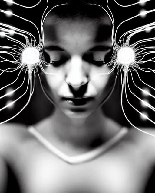 Image similar to black and white dreamy spiritual connected young female cyborg - plant goddess high quality photo, microchip, artificial intelligence, bio - mechanical bio - luminescence, black wired cables, neurons, nerve cells, cinematic, rim light, photo - realistic, elegant, high detail, 8 k, masterpiece, high fashion