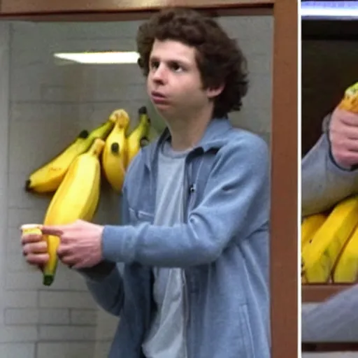 Prompt: cctv footage of Micheal Cera robbing a store with a banana