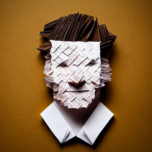 Image similar to an origami portrait of a caucasian man with wavey short hair, made from paper, friedly smile, raised eyebrows, great composition, ambient light