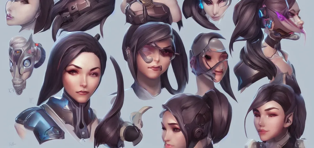 Prompt: concept art of female video game characters head designs, overwatch by marc brunet and artgerm