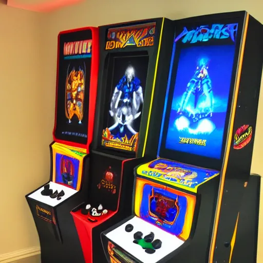 Prompt: photo of a minimalist arcade machine themed with killer instinct 9 0 s game