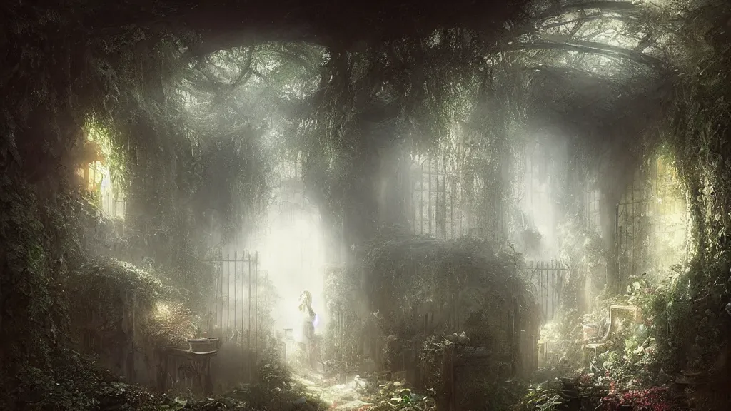 Image similar to hidden underground is a tiny, secret garden. andreas achenbach, artgerm, mikko lagerstedt, zack snyder, tokujin yoshioka