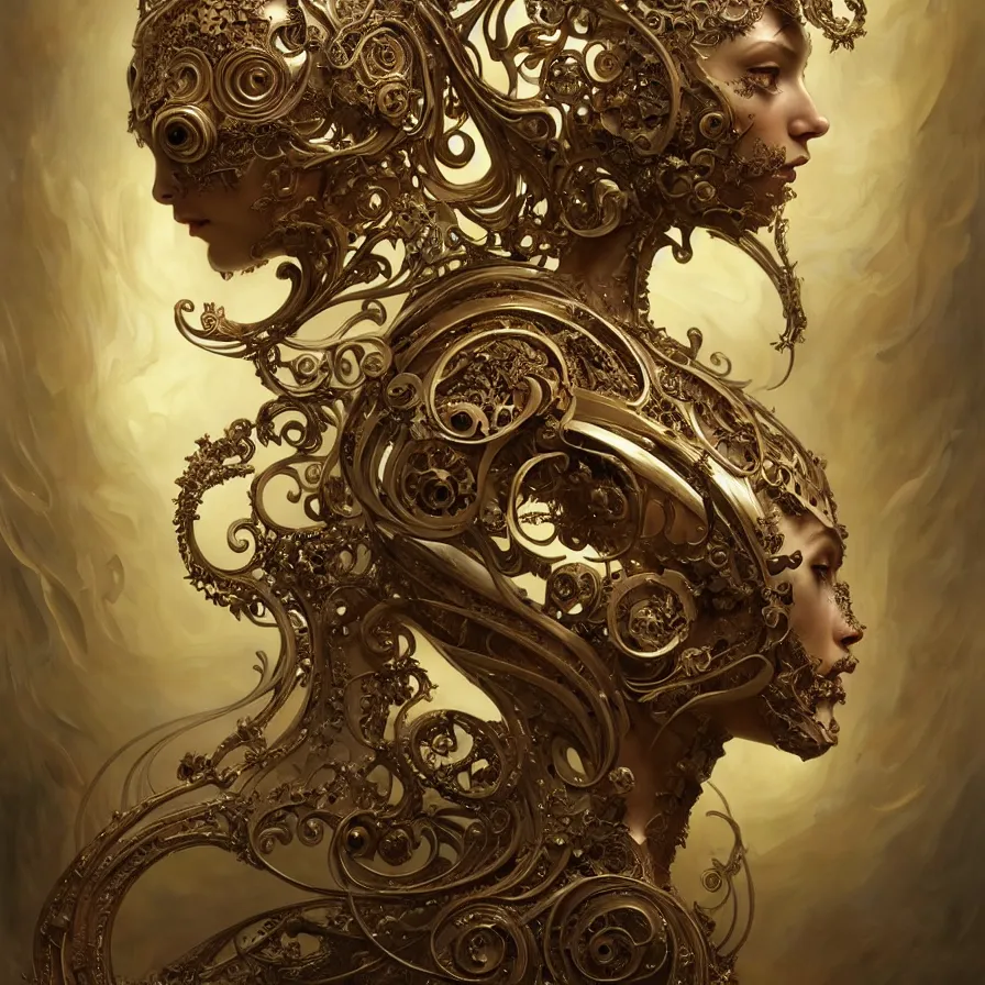 Image similar to organic cyborg, european rococo style metal carving, diffuse lighting, fantasy, intricate, elegant, highly detailed, lifelike, photorealistic, digital painting, artstation, illustration, concept art, smooth, sharp focus, art by john collier and albert aublet and krenz cushart and artem demura and alphonse mucha