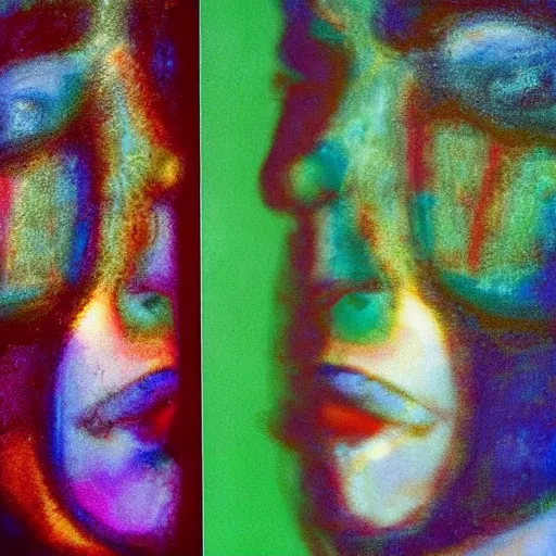 Prompt: colorful by friedensreich regentag dunkelbunt hundertwasser, by bill henson. a beautiful experimental art of a person in profile, with their features appearing both in front of & behind their head.