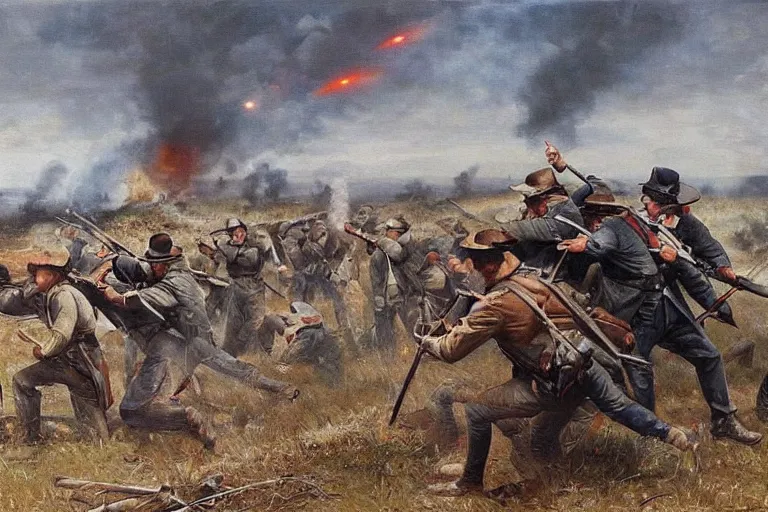 Image similar to american civil war trench battle, shots fired, explosions all around, wide shot, cinematic, realistic painting in the style of jules breton