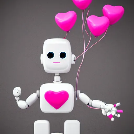 Image similar to a cute robot holding heart balloons photorealistic