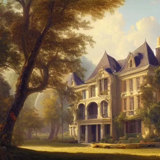 Image similar to a large serene beautiful matte painting of a delapitaded quaint french country mansion, by asher brown durand and greg rutkowski, featured on artstation, blue and orange color scheme