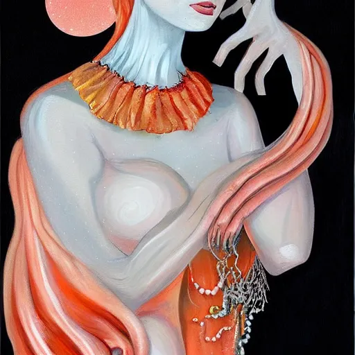 Image similar to beautiful painting of a white arthropod goddess with silver linings, coral mutations and melting jewelry in the style of Francis Bacon and Jesse Kanda. Digital art, detailed, trending on Artstation