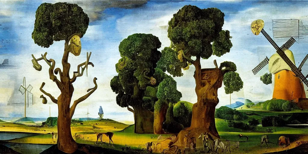 Prompt: an oil painting of a landscape with oak trees and windmills by Salvador Dali, Hieronymous Bosch, and Ivan Shishkin