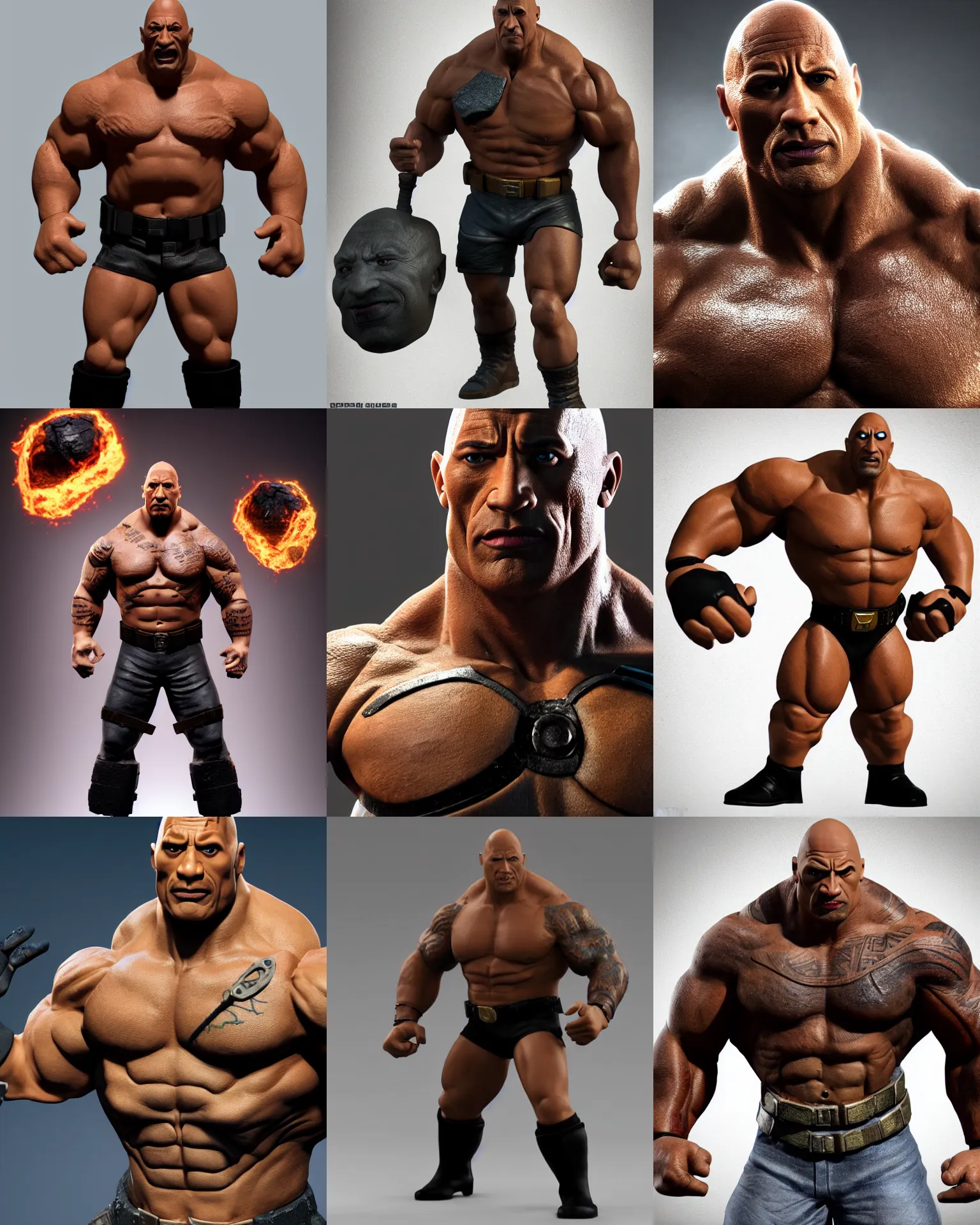 Prompt: full body 3d render of Dwayne The Rock Johnson as a massive Bane from Batman as a funko pop, roid rage, studio lighting, white background, blender, trending on artstation, 8k, highly detailed