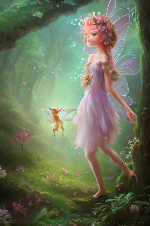 Image similar to a cute and geogerous fairy in the dreamy forest, fantasy, dreamlike, 8 k resolution, hyper detailed, d & d, character design, digital painting, trending on artstation, sharp focus, illustration, art by viktoria gavrilenko, hoang lap, fuji choko, steve zheng,