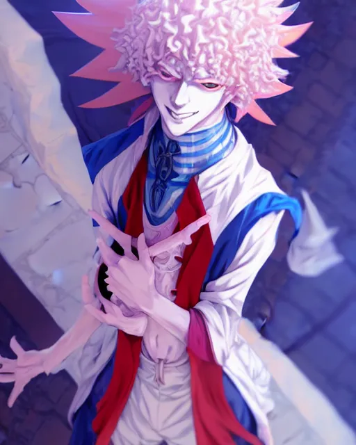 Image similar to extremely attractive soft feminine male jester / fool anime character screenshot, nagito komaeda and hisoka, anime, intricate, sharp focus, illustration, highly detailed, digital painting, cell shaded, concept art, matte, male art by ilya kuvshinov and kyoto animation and wlop, ruan jia and greg rutkowski, studio quality, masterpiece