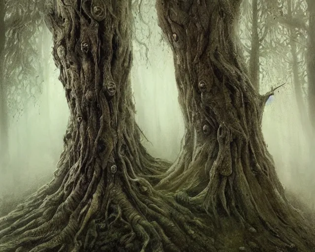 Image similar to a talking oak tree, a face in the bark, nose made of wood, eyes in the bark, mouth in the bark, fantasy horror concept art, scary, digital painting, oil painting, hyperrealistic, treebeard, ent, highly detailed, dark and gloomy, very detailed eyes, artstation, cgsociety, in the forest, by alan lee, by artgerm