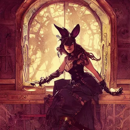 Prompt: outlaw rabbit wearing steampunk costume, fantasy, intricate, very very beautiful, elegant, highly detailed, digital painting, artstation, concept art, smooth, sharp focus, illustration, art by artgerm and greg rutkowski and alphonse mucha