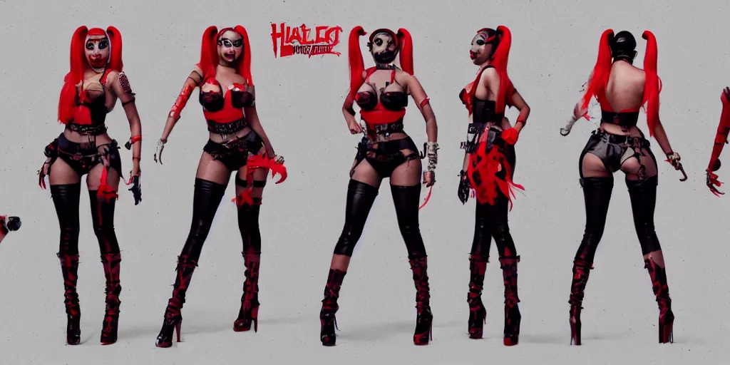 Image similar to nicki minaj as harley quinn, character sheet, concept design, contrast, hot toys, kim jung gi, greg rutkowski, zabrocki, karlkka, jayison devadas, trending on artstation, 8 k, ultra wide angle, pincushion lens effect