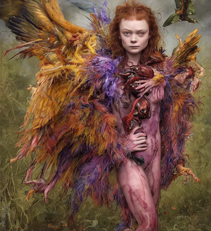 Image similar to a portrait photograph of sadie sink as a colorful harpy super hero with slimy mutated skin. she is trying on a amphibian organic catsuit and transforming into a feathered beast. by tom bagshaw, donato giancola, hans holbein, walton ford, gaston bussiere, peter mohrbacher and brian froud. 8 k, cgsociety