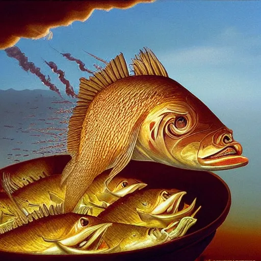 Image similar to surprised fish sitting on the top of a pile of fish, all the fish are inside a cooking pot on fire, side view, by vladimir kush, dystopian art, rococo