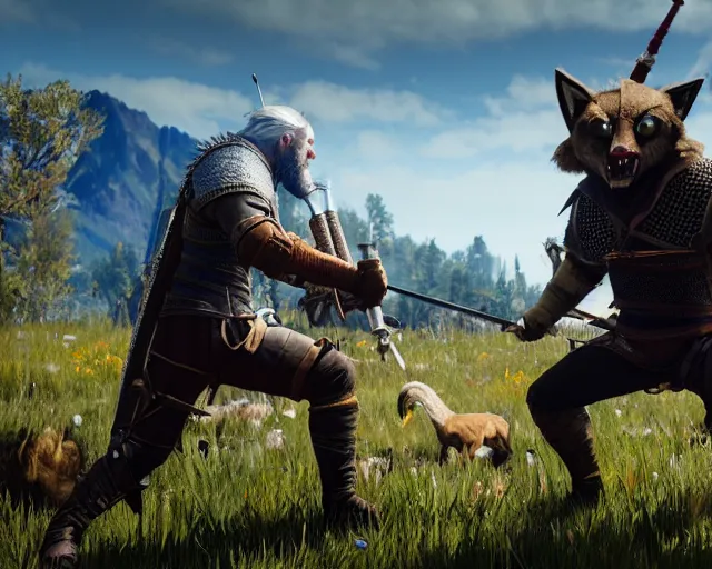 Prompt: gerald of rivia fighting with fursuit people from witcher 3 ( 2 0 1 5 videogame ), cinematic, concept art, loading screen