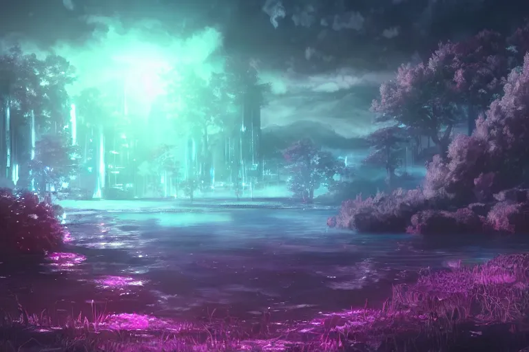 Image similar to scenery artwork, scene beautiful, light essence bioluminescent acrylic and cold nier automata pixiv scenery artwork : nature dream wire vegetation magic density infinite, hypersigil astrology macro seminal dream points of frozen imaginative vaporwave juice fluid dream scenery, high quality astral projection renders, nier automata, concept art
