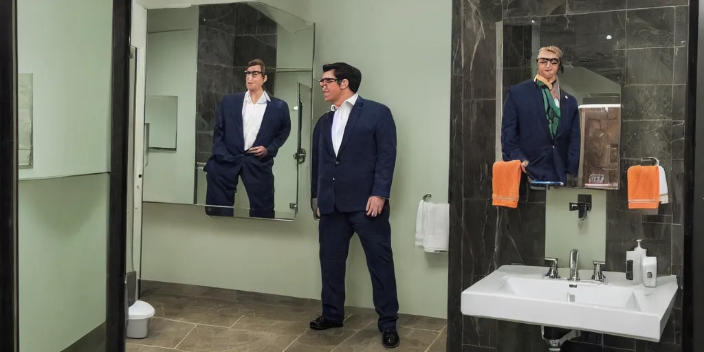 Image similar to ultra wide angle photo of megan kelly dressed in a green flannel shirt and black dress pants as clark kent looking at himself in a bathroom mirror and seeing his reflection dressed as an orange skinned oompa loompa