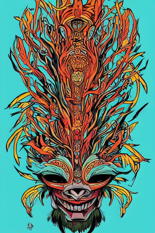 Image similar to animal mask totem roots flower tribal feather gemstone plant wood rock shaman vodoo video game vector cutout illustration vivid multicolor borderlands comics by josan gonzales and dan mumford radiating a glowing aura