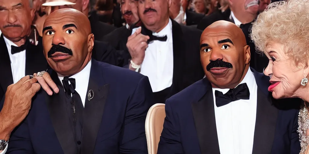 Prompt: Steve Harvey looking at an ugly looking old lady shocked