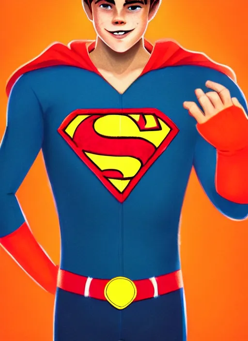 Image similar to friendly teenage archie andrews wearing an orange superhero costume with heart logo, freckles, superhero costume, heart emblem on chest, cape, intricate, elegant, glowing lights, highly detailed, digital painting, artstation, sharp focus, illustration, art by wlop, mars ravelo and greg rutkowski