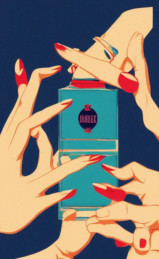 Prompt: illustration with hand holding beautiful bottle of perfume near nose, sniffing the aroma, an art deco painting by tom whalen, trending on behance, art deco, digital illustration, storybook illustration, grainy texture, flat shading, vector art, airbrush, pastel, watercolor, poster